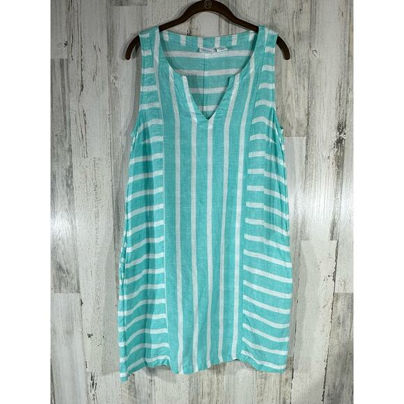 Sigrid Olsen Womens Shift Dress Small Aqua White Stripe Linen Sleeveless Pockets - Picture 1 of 7
